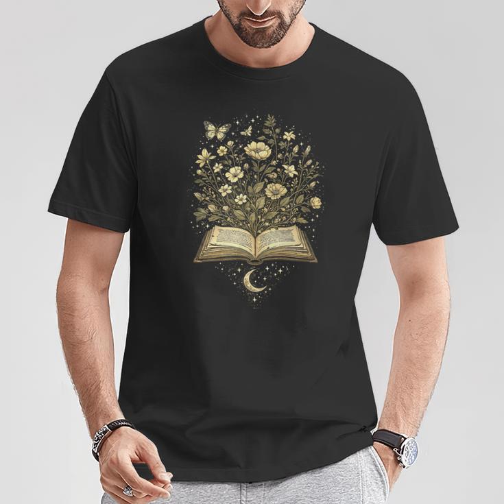 Fantasy Book Flowers Celestial Garden Stars Moon Reading T-Shirt Unique Gifts