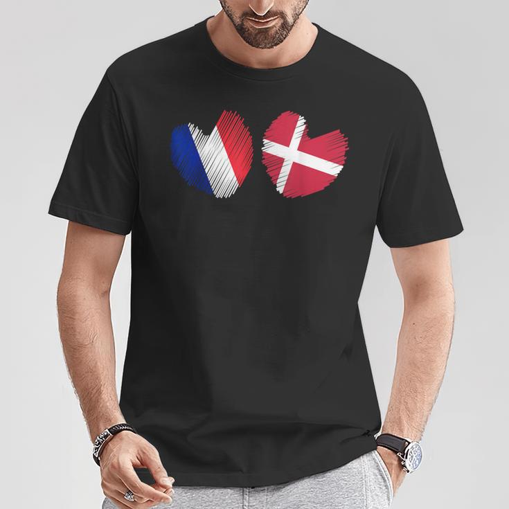 France Danemark Coeur Drapeau Français Danois Drapeau Grunge Coeur T-Shirt Cadeaux drôles