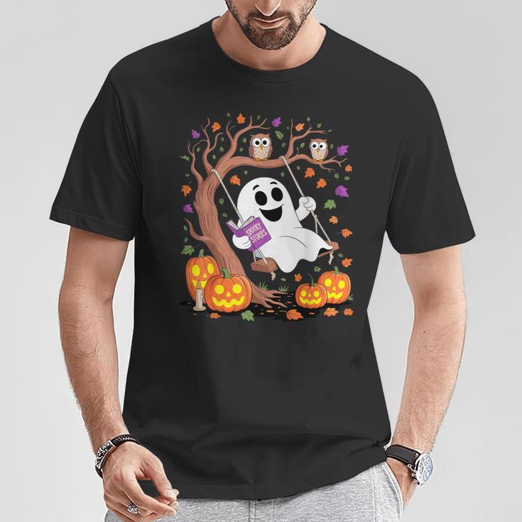Ghost Reading Book On Swing Halloween Autumn Art T-Shirt Unique Gifts