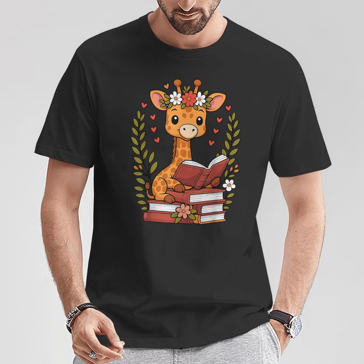 Giraffe Reading Book Graphic Giraffe With Book Floral T-Shirt Unique Gifts