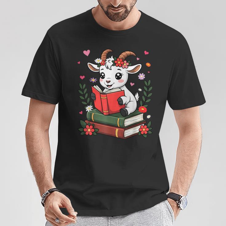 Goat Reading Book Graphic With Floral T-Shirt Unique Gifts