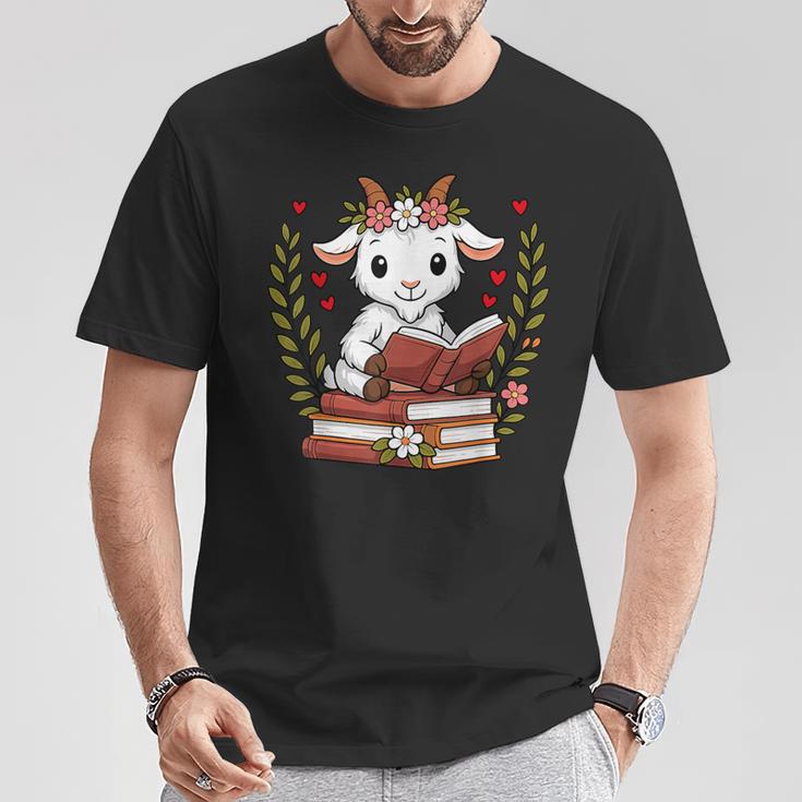 Goat Reading Book Graphic Goat With Book Floral T-Shirt Unique Gifts