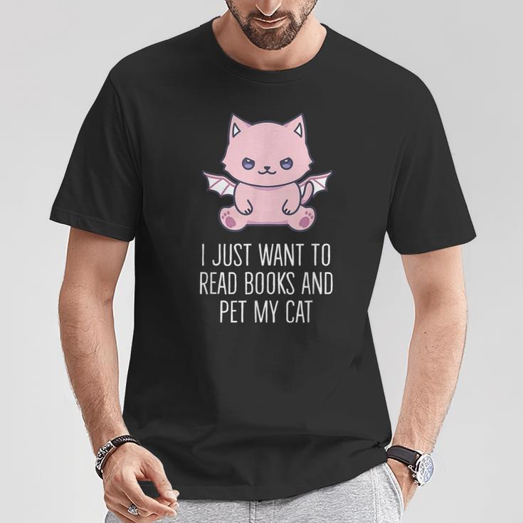 I Just Want To Read Books And Pet My Cat Pastel Goth Kawaii Men Women Kids T-Shirt Unique Gifts