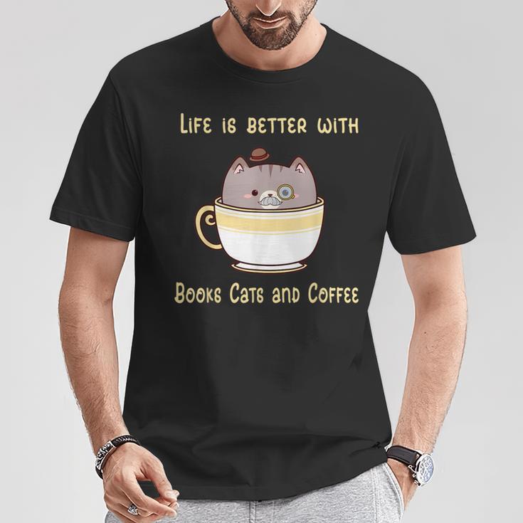 Life Is Better With Books Cats And Coffee Cute Kitten T-Shirt Unique Gifts