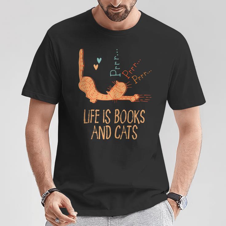 Life Is Books And Cats Book Lover Cat Mom Bookworm Cat Dad T-Shirt Unique Gifts