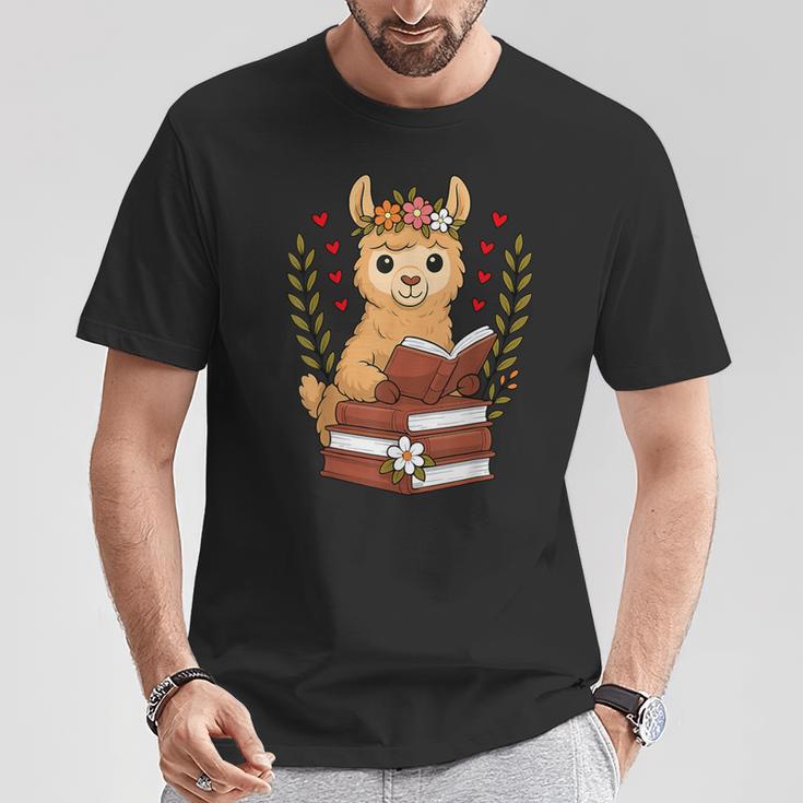 Llama Reading Book Graphic Llama With Book Floral T-Shirt Unique Gifts
