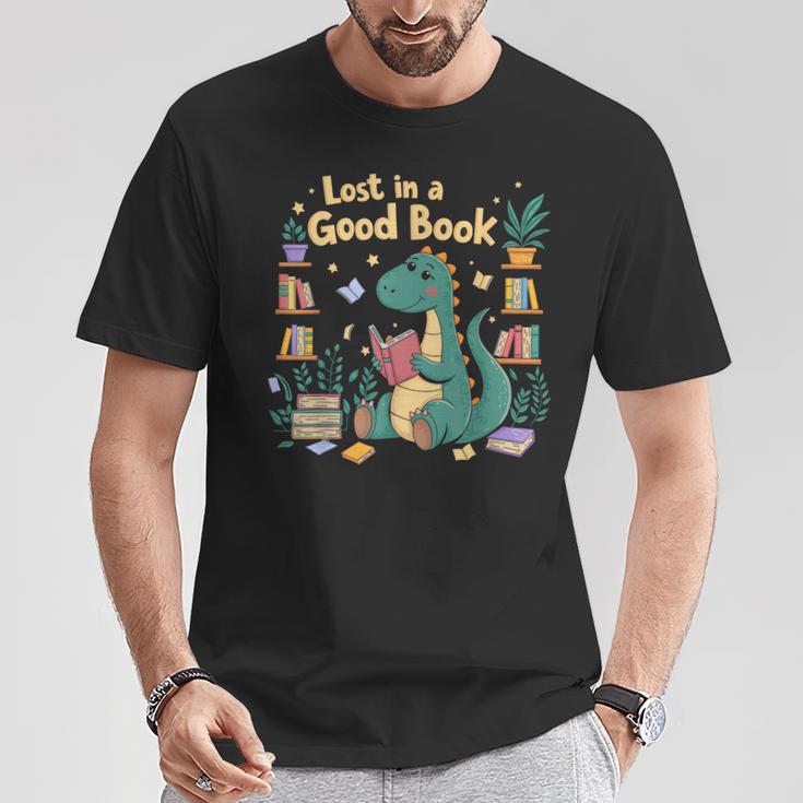 Lost In a Good Book Cute Reading Dinosaur Illustration T-Shirt Unique Gifts