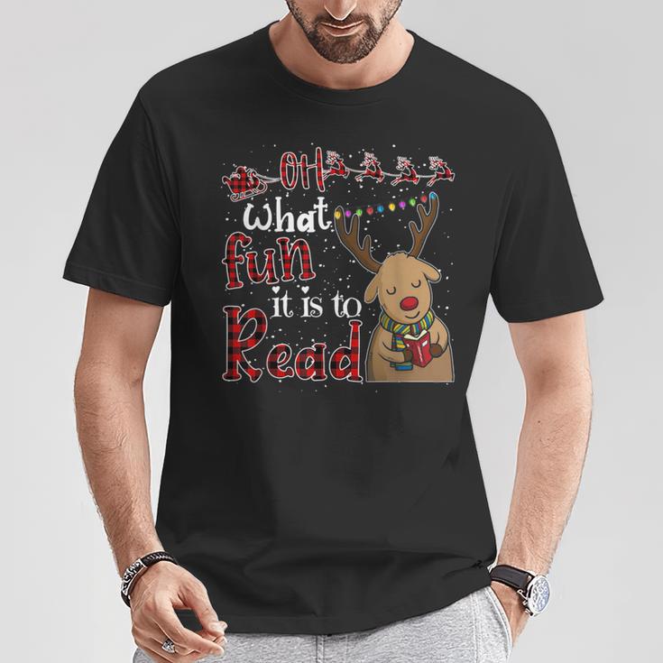 Oh What Fun It Is To Read Christmas Cute Reindeer Read Books T-Shirt Unique Gifts