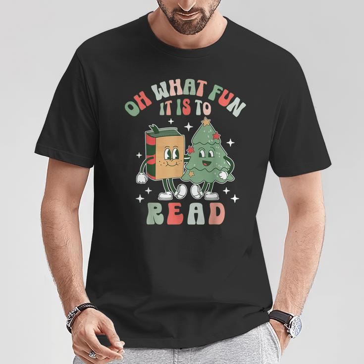 Oh What Fun It Is To Read Christmas Tree Book Lover Groovy T-Shirt Unique Gifts