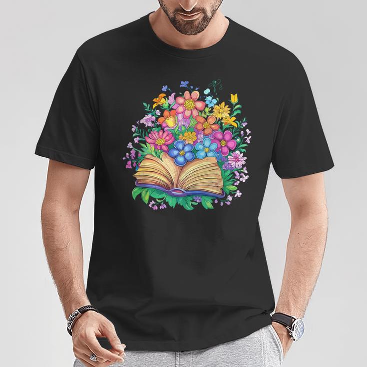Open Book Surrounded By Colorful Spring Flowers Bloom T-Shirt Unique Gifts