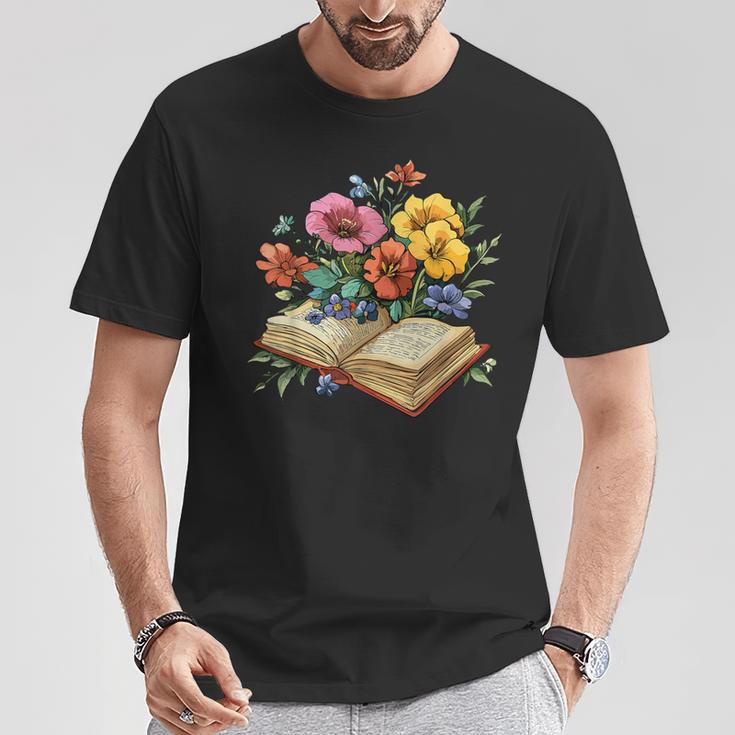 Open Book With Wildflowers Vintage Botanical Reading T-Shirt Unique Gifts