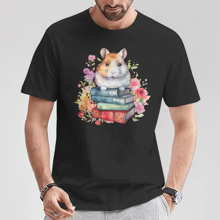 Reading Books Booklover Hamster And Watercolor Books T-Shirt Unique Gifts