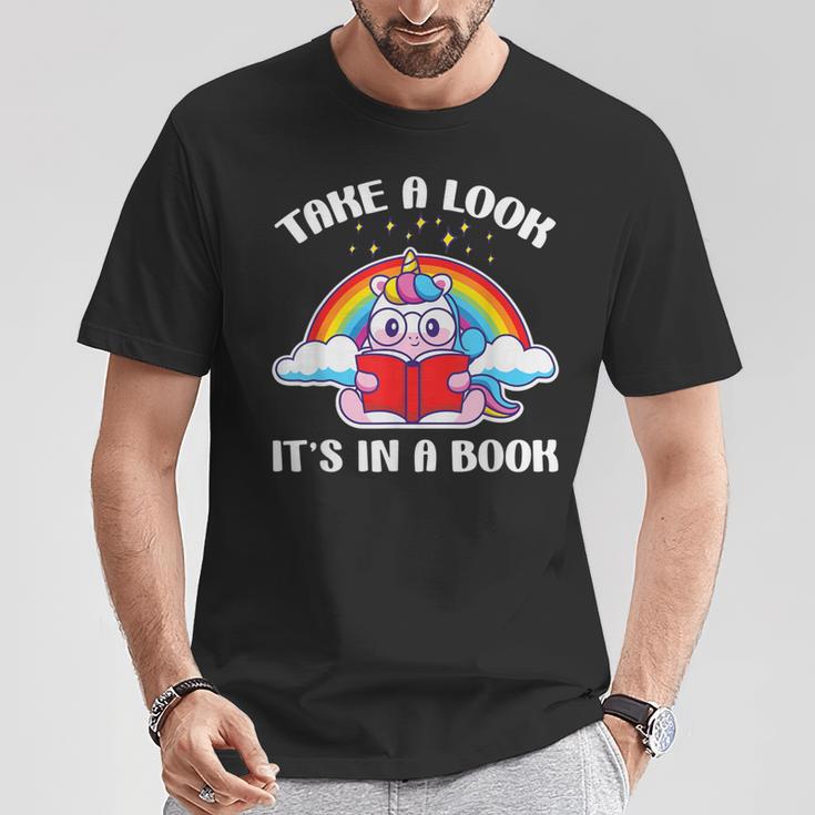 Reading Unicorn Take A Look It's In A Book Retro Rainbow T-Shirt Unique Gifts