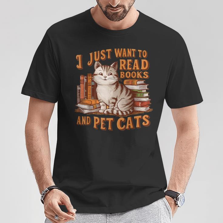 Retro I Just Want To Read Books And Pet Cats Cat T-Shirt Unique Gifts