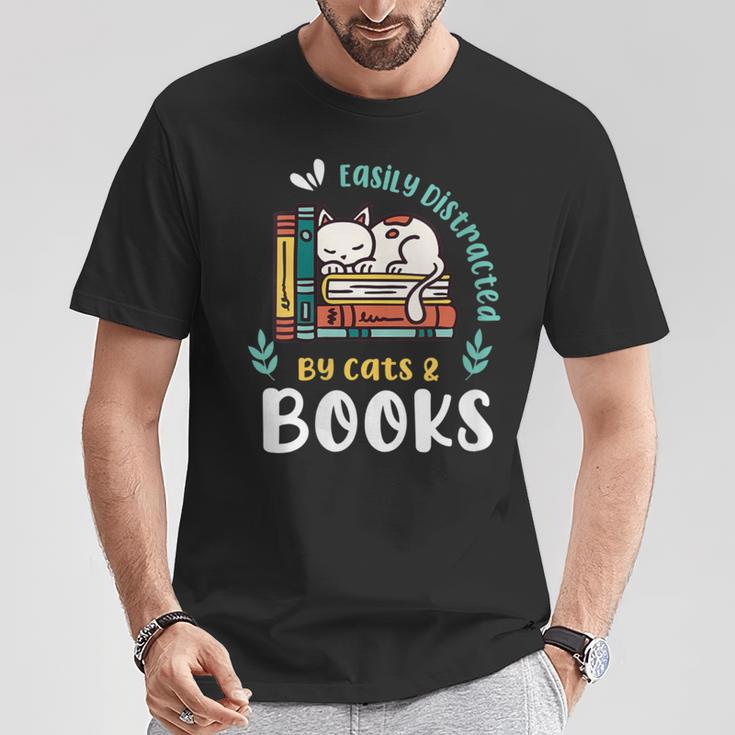 Saying About Books Easily Distracted By Cats And Books T-Shirt Unique Gifts