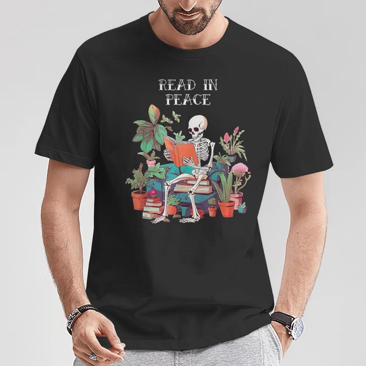 Skeleton Read In Peace Books And Plants Lover Bookworm T-Shirt Unique Gifts