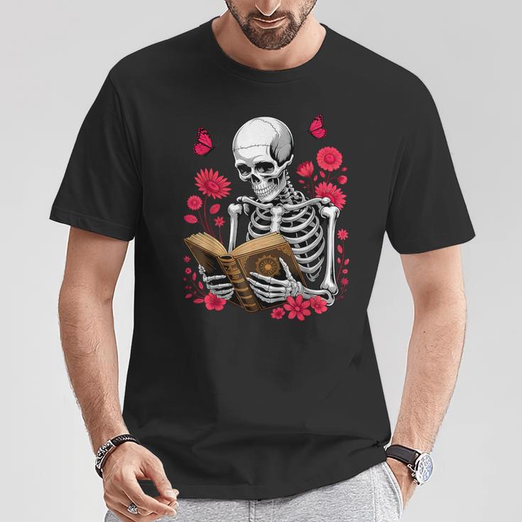 Skeleton Reading Book Lover Floral Flowers Bookish Bookworm T-Shirt Unique Gifts