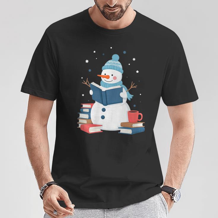 Snowman Reading Book Lover Librarian Reading T-Shirt Unique Gifts