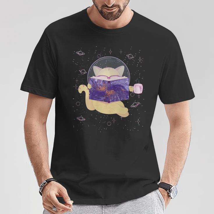Space Cat Reading Book And Tea Space Cat T-Shirt Unique Gifts