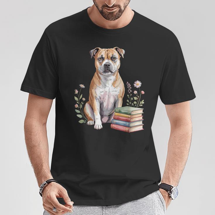 Staffordshire Bull Terrier Books Flowers Book Reading T-Shirt Unique Gifts