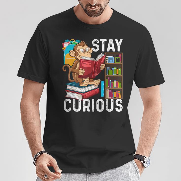 Stay Curious Monkey Reading Book Lover Bookworm T-Shirt Unique Gifts