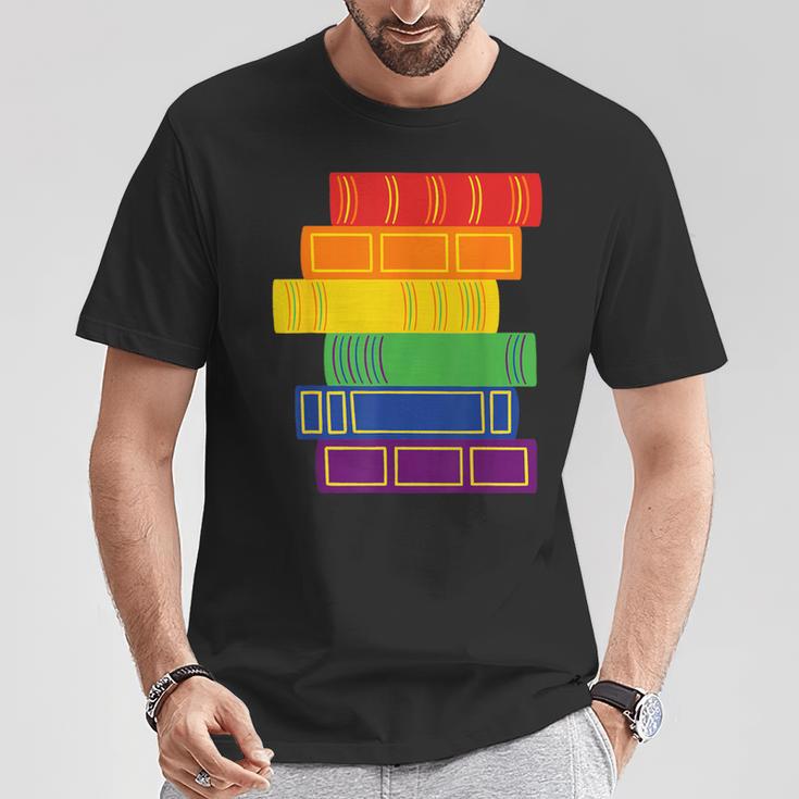 Threadless Grey Sky Chai Rainbow Book Pride Stack Graphic T-Shirt Unique Gifts