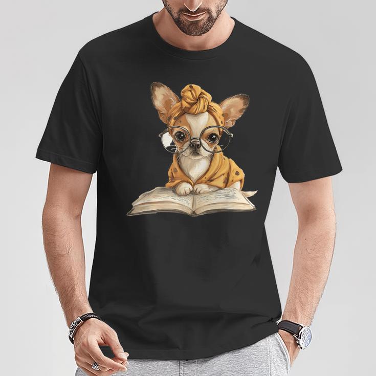 Tiny Puppy Open Book Reading Dog Lover Graphic Round Glasses T-Shirt Unique Gifts