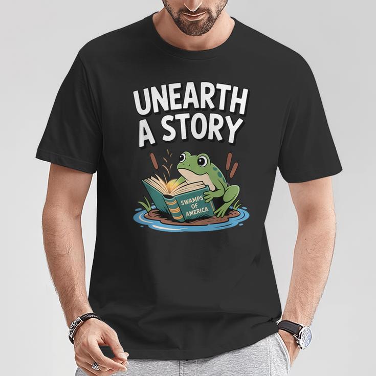 Unearth a Story Frog Reading a Book Summer 2026 T-Shirt Unique Gifts