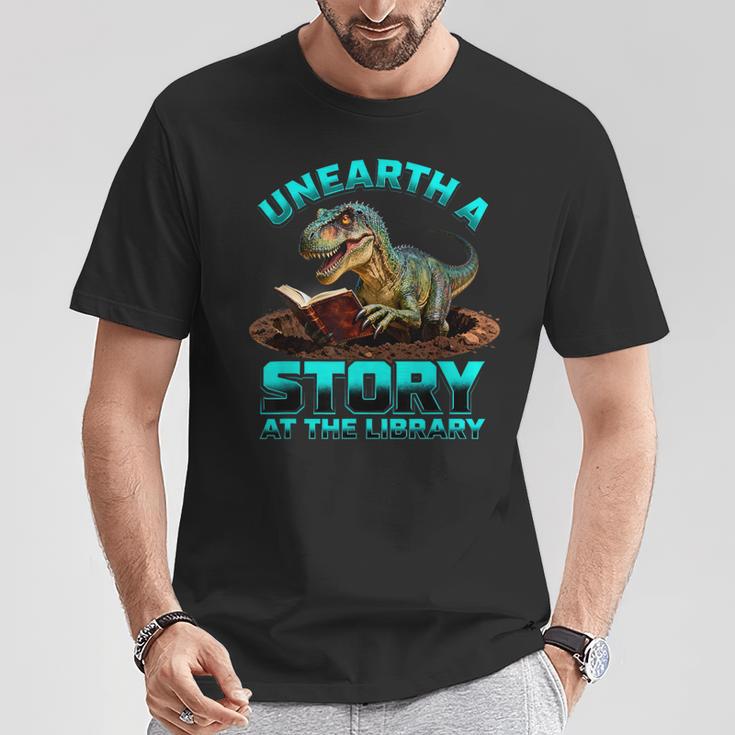 Unearth A Story At The Library Dinosaur Reading T-Shirt Unique Gifts