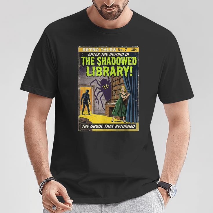 Vintage Horror Comic Book Cover Shadowed Library Zombie T-Shirt Unique Gifts