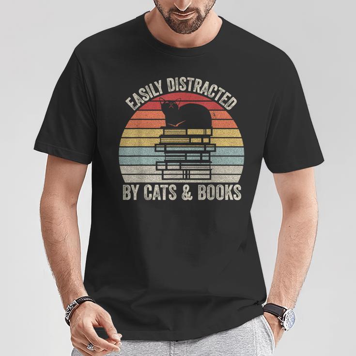 Vintage Retro Easily Distracted By Cats And Books Cat T-Shirt Unique Gifts