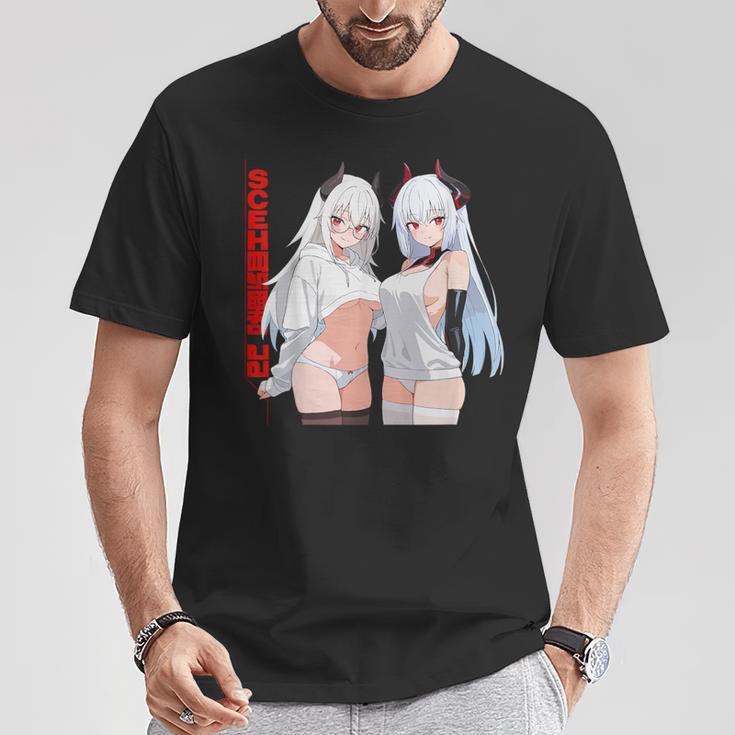 Waifu セクシー アニメ 女の子 メガネ 角 和風 Tシャツ 面白い贈り物