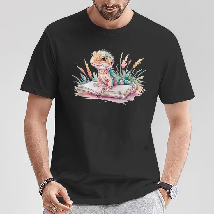 Watercolor Lizzard Reading Book Cute Kids T-Shirt Unique Gifts