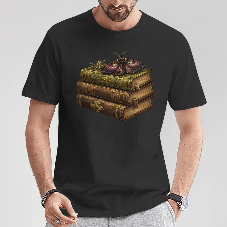 Women's Dark Academia Vintage Book Stack Gothic Moth T-Shirt Unique Gifts