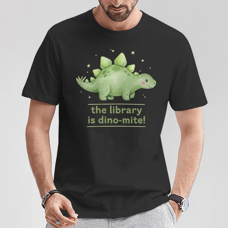 Women's The Library Is Dino-Mite Stegosaurus Reading Kids Book T-Shirt Unique Gifts