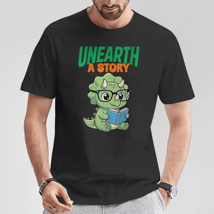 Women's Unearth a Story Summer Reading 2026 Triceratops Dino Book T-Shirt Unique Gifts