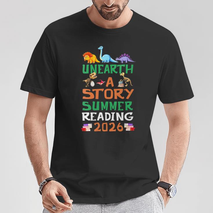 Women's Unearth A Story Summer Reading Program 2026 Dinosaur Book T-Shirt Unique Gifts