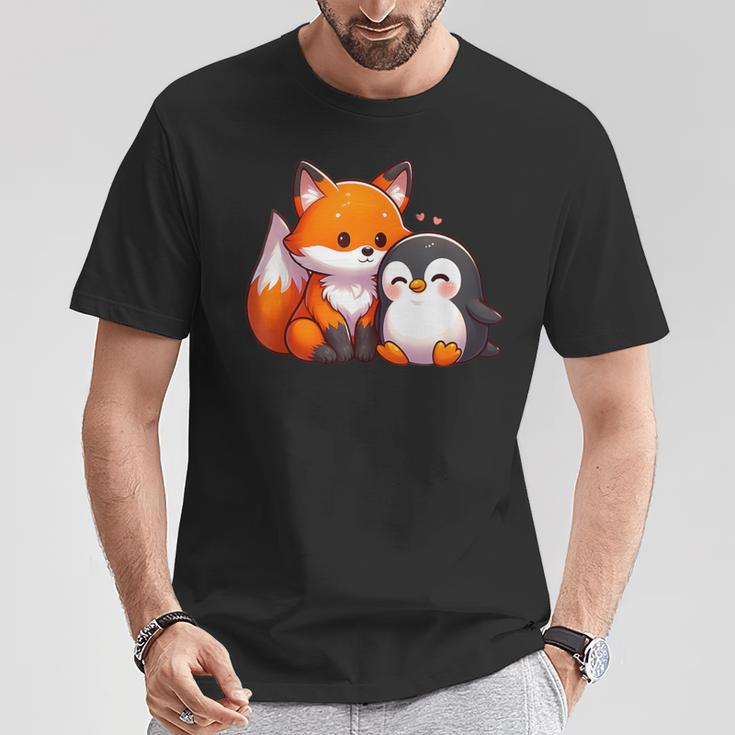 かわいいキツネとペンギンのデザイン Tシャツ 面白い贈り物