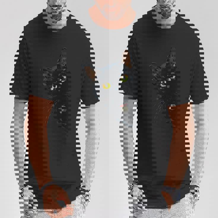 こっそり猫 物陰からじっと見つめる黒猫デザイン 長袖tシャツ Tシャツ 面白い贈り物