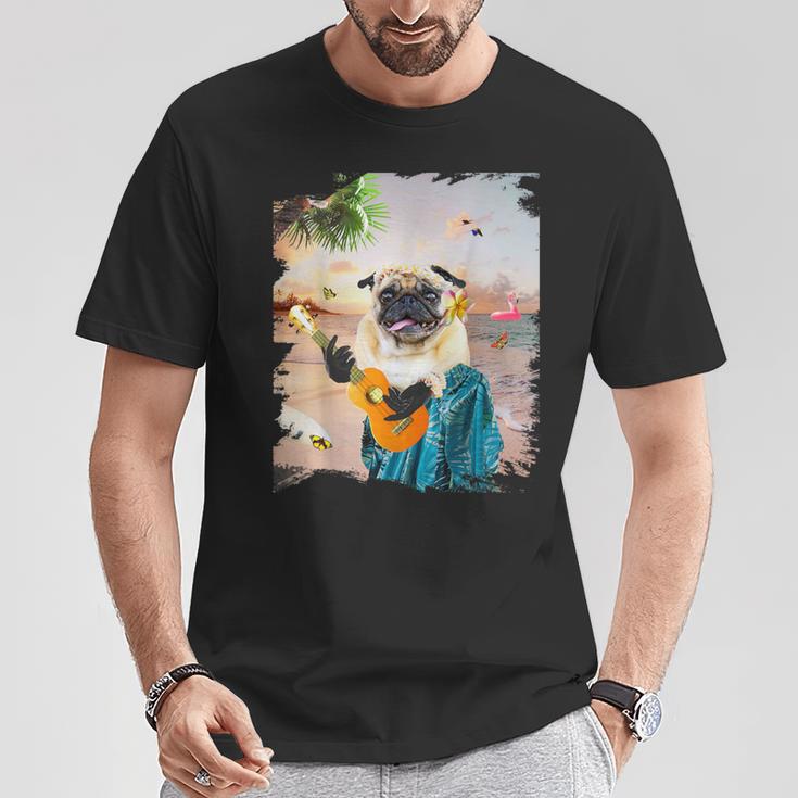 アロハ ハワイアン 犬 パグ ウクレレ ビーチ ファニー Tシャツ 面白い贈り物