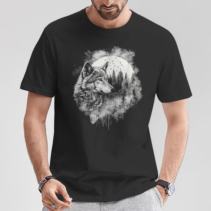 オオカミの絵 プリント 神秘的なオオカミの森 月 遠吠え Tシャツ 面白い贈り物