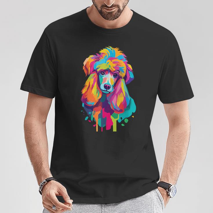カラフルなポップアートデザイン スタンダードプードル犬 Tシャツ 面白い贈り物