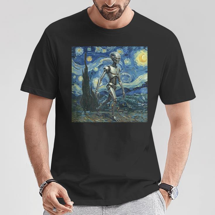 ゴッホ 星月夜 未来アート 面白い ロボット ウォーキング Tシャツ 面白い贈り物
