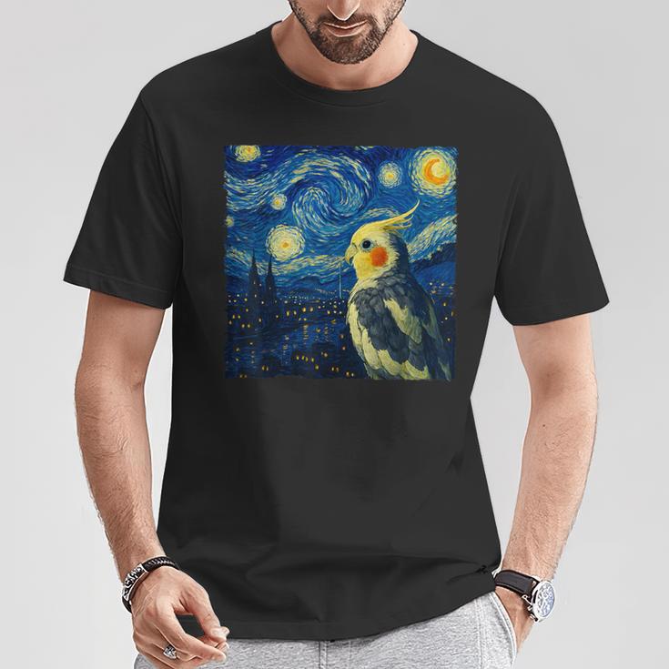 ゴッホの星空を見つめるかわいいオカメインコ 星月夜 Tシャツ 面白い贈り物