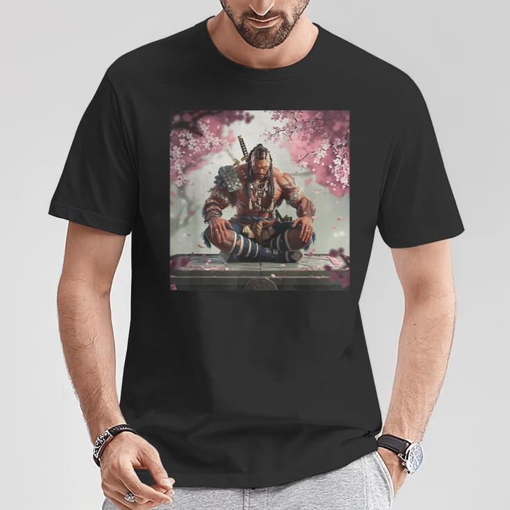 サムライ アフロ アフリカ 瞑想 桜の下 Tシャツ 面白い贈り物