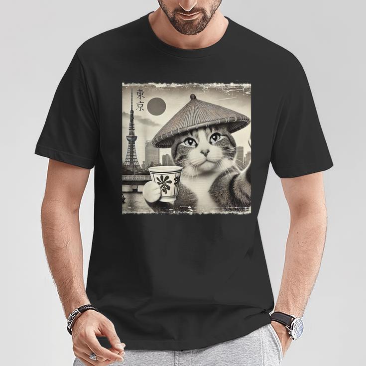サムライ 猫 すすり茶 東京タワー 和 Tシャツ 面白い贈り物