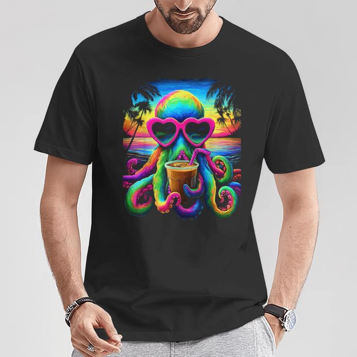 サングラス アイスコーヒー ビーチ 夏 トロピカル タコ Tシャツ 面白い贈り物
