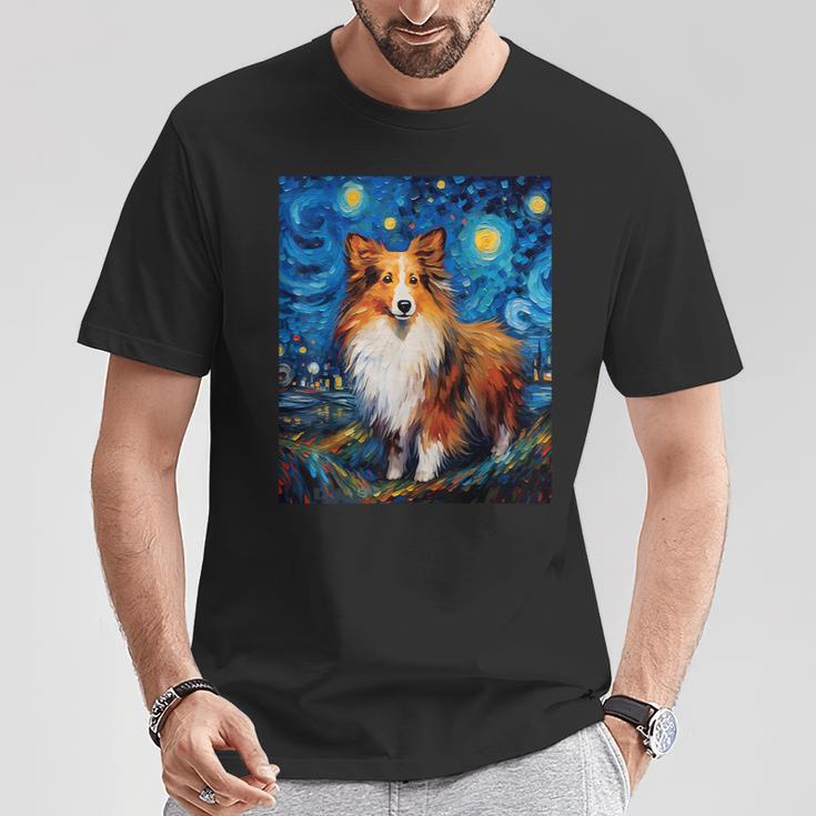 シュールな星月夜シェルティドッグ Tシャツ 面白い贈り物