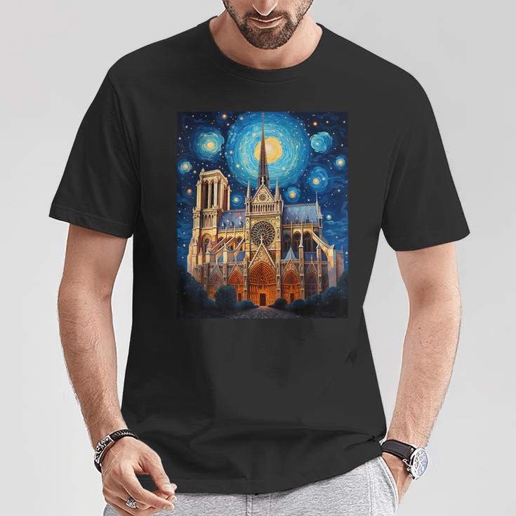 シュールレアリスム 星月夜 ノートルダム大聖堂 Tシャツ 面白い贈り物