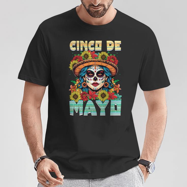 シンコ デ マヨ スケルトン ラ カトリーナ カラベラ フローラル メキシカン 長袖tシャツ Tシャツ 面白い贈り物